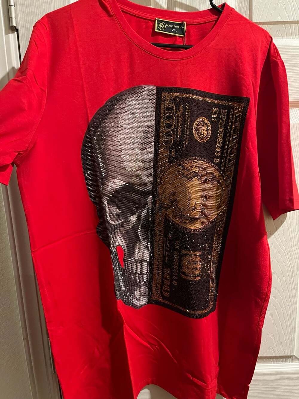 Black Pharaoh Men's Red T-Shirt with Rhinestone Skull and Hundred Dollar Bill Gr